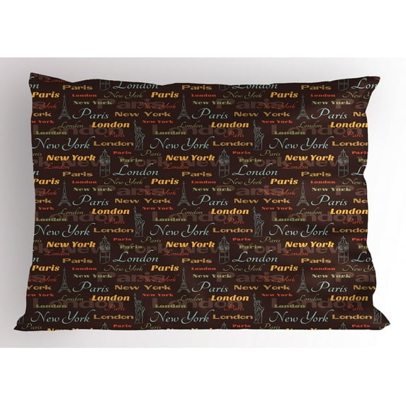 Ambesonne City Pillow Sham, Famous Places of World, 26" X 20", Multicolor