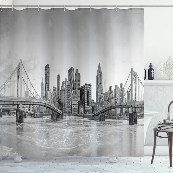 Ambesonne City Pittsburgh Shower Curtain, Panoramic Greyscale, 69"Wx75"L, Pale Taupe and Grey