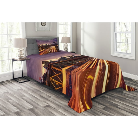 Ambesonne City Quilted Bedspread Set 2 Pcs, Brooklyn Bridge Traffic, Twin Size, Lilac Dark Orange Yellow