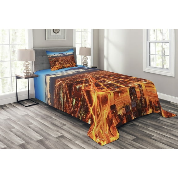 Ambesonne City Quilted Bedspread Set 2 Pcs, Chicago Downtown Aerial, Twin Size, Orange Dark Orange Blue