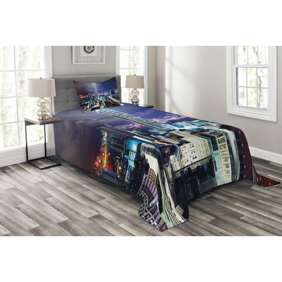 Ambesonne City Quilted Bedspread Set 2 Pcs, Downtown Hong Kong Night, Twin Size, Multicolor
