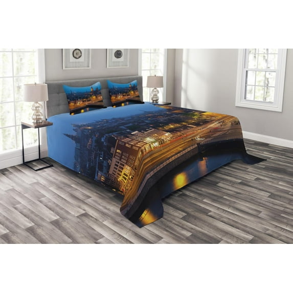 Ambesonne City Quilted Bedspread Set 3 Pcs, Amsterdam Famous Travel, King Size, Blue Marigold Tan