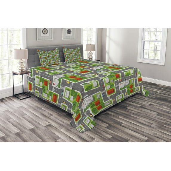 Ambesonne City Quilted Bedspread Set 3 Pcs, Birds Eye View Map Design, Queen Size, Multicolor