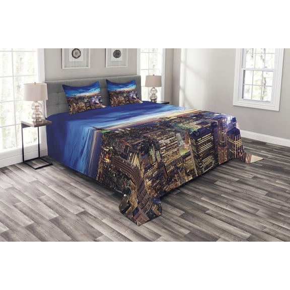 Ambesonne City Quilted Bedspread Set 3 Pcs, Buildings Midtown at Dusk, King Size, Tan Navy Blue Aqua