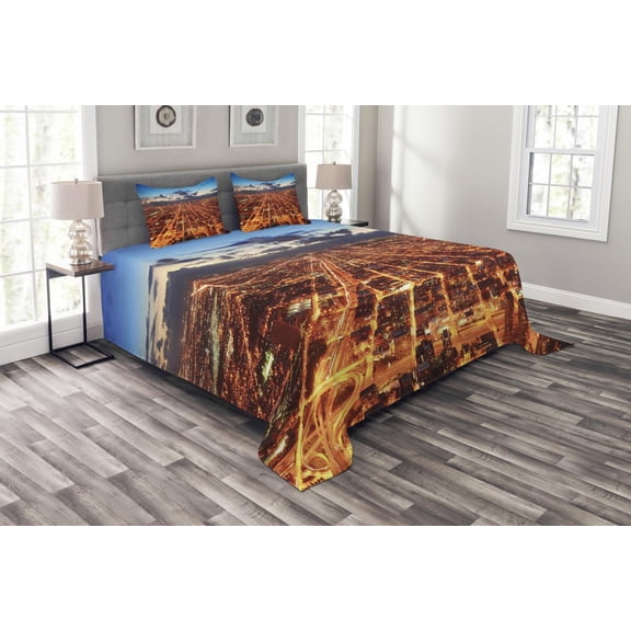 Ambesonne City Quilted Bedspread Set 3 Pcs, Chicago Downtown Aerial, King Size, Orange Dark Orange Blue