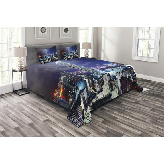 Ambesonne City Quilted Bedspread Set 3 Pcs, Downtown Hong Kong Night, Queen Size, Multicolor