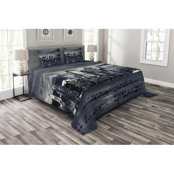 Ambesonne City Quilted Bedspread Set 3 Pcs, Dramatic View NYC Skyline, King Size, Blegrey Black White