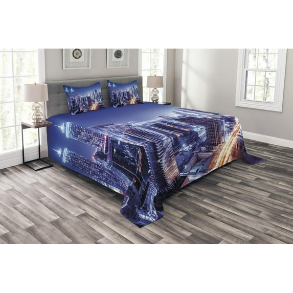 Ambesonne City Quilted Bedspread Set 3 Pcs, Dubai Downtown Modern UAE, Queen Size, Violet Blue Orange