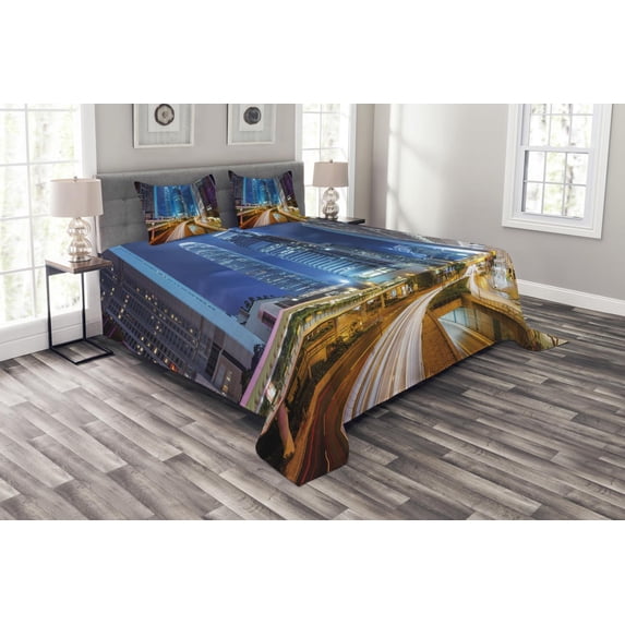 Ambesonne City Quilted Bedspread Set 3 Pcs, Fast Cars Hong Kong Urban, King Size, Multicolor
