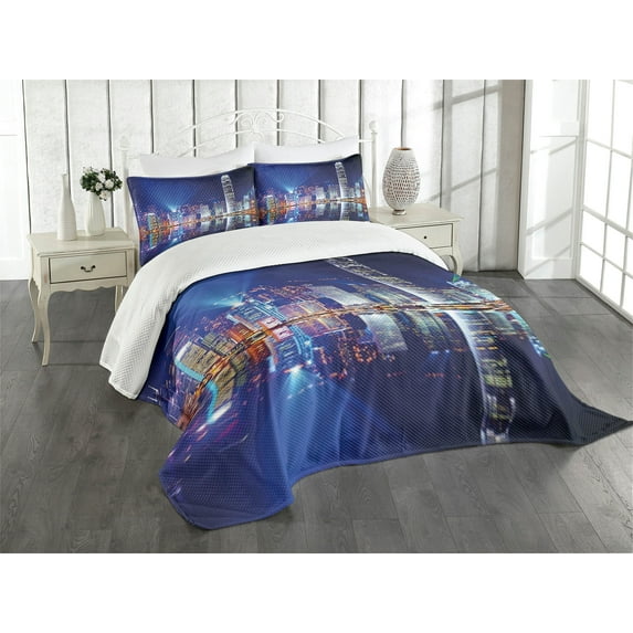 Ambesonne City Quilted Bedspread Set 3 Pcs, Hong Kong Island Modern, King Size, Royal Blue Orange White