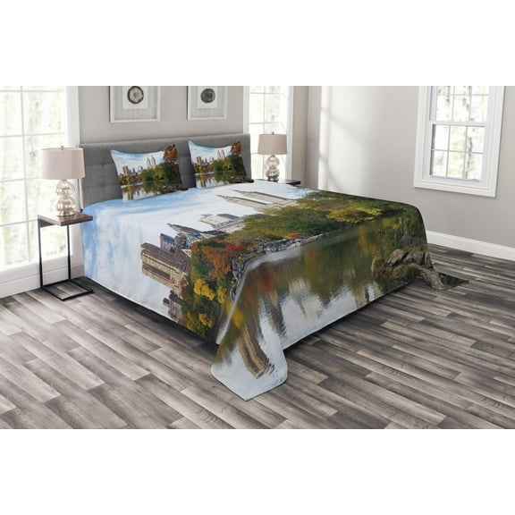 Ambesonne City Quilted Bedspread Set 3 Pcs, Manhattan Central Park, King Size, Multicolor