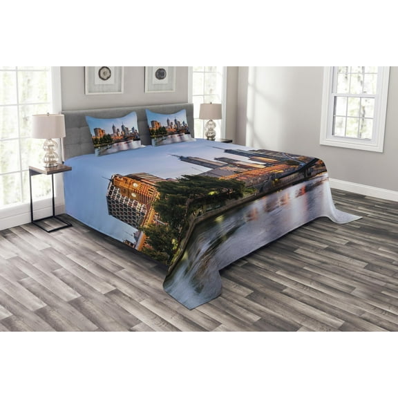 Ambesonne City Quilted Bedspread Set 3 Pcs, Morning Australia River, Queen Size, Orange Green Pale Blue