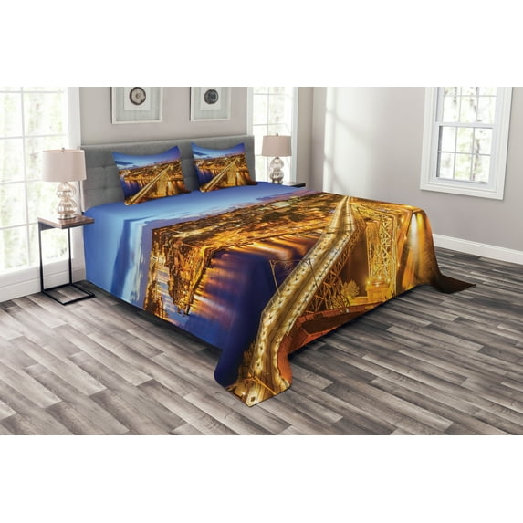 Ambesonne City Quilted Bedspread Set 3 Pcs, Porto Dom Luis Bridge, King Size, Apricot Violet Blue