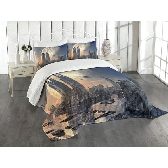 Ambesonne City Quilted Bedspread Set 3 Pcs, Spacecraft in Formation, Queen Size, Peach Tan Blue