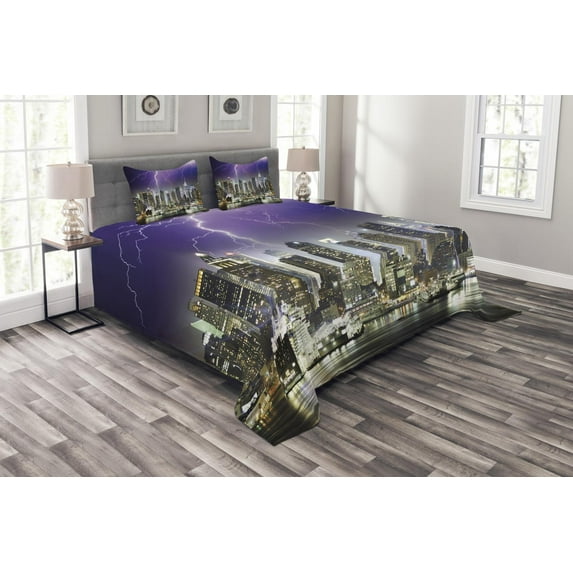 Ambesonne City Quilted Bedspread Set 3 Pcs, Storm Thunder in New York, King Size, Charcoal Grey Indigo
