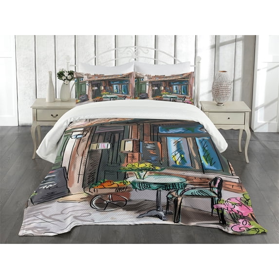 Ambesonne City Quilted Bedspread Set 3 Pcs, Street Paris Cafe Eating, Queen Size, Multicolor