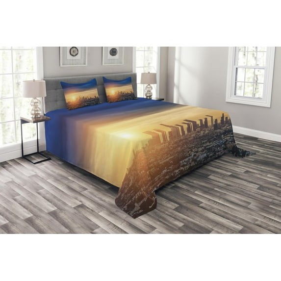 Ambesonne City Quilted Bedspread Set 3 Pcs, Sunrise at Los Angeles, Queen Size, Navy Blue Apricot Ivory
