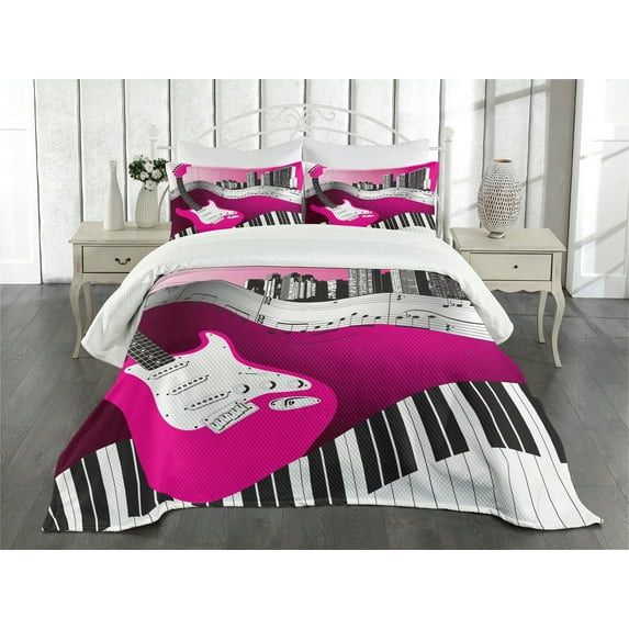 Ambesonne City Quilted Bedspread Set 3 Pcs, Urban Bass Guitar Rock, Queen Size, Hot Pink Pale Grey Black