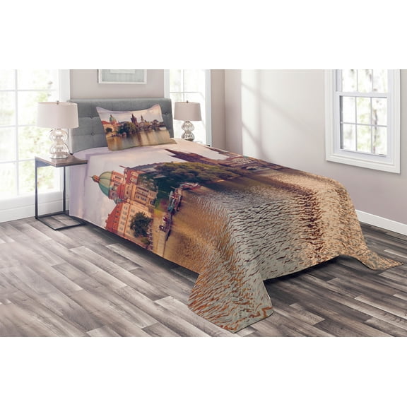 Ambesonne City Quilted Coverlet 2 Pcs, Prague River and Bridge, Twin Size, Multicolor