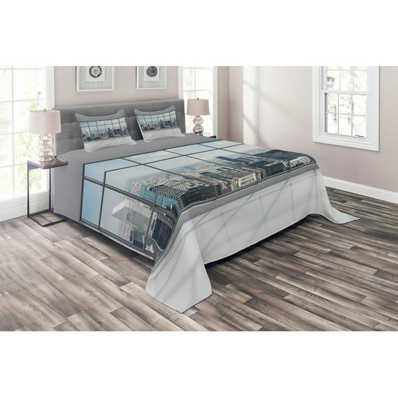 Ambesonne City Quilted Coverlet 3 Pcs, Big Window Downtown View, Queen Size, Grey White