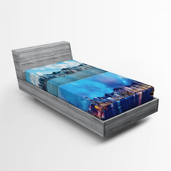 Ambesonne City Scenery Fitted Sheet, Hong Kong, Twin XL Size, Deep Sky Blue