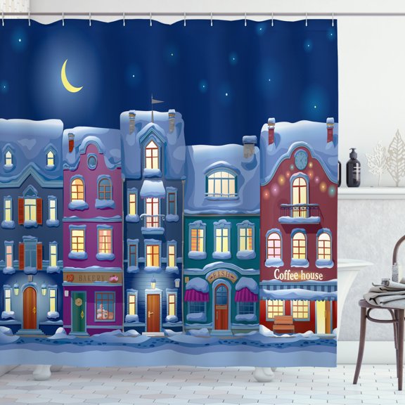 Ambesonne City Shower Curtain, Adjacent Houses Winter Night, 69"Wx75"L, Multicolor