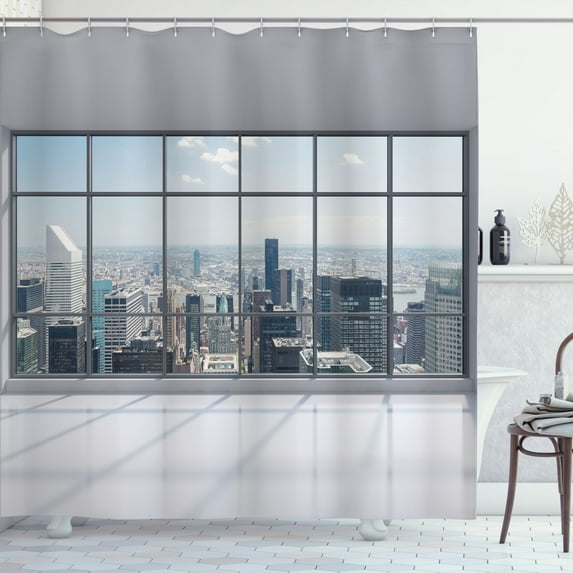 Ambesonne City Shower Curtain, Big Window Downtown View, 69"Wx84"L, Grey White