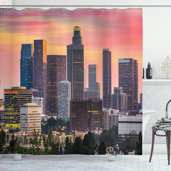 Ambesonne City Shower Curtain, Los Angeles Skyline Orange Sky, 69"Wx70"L, Multicolor