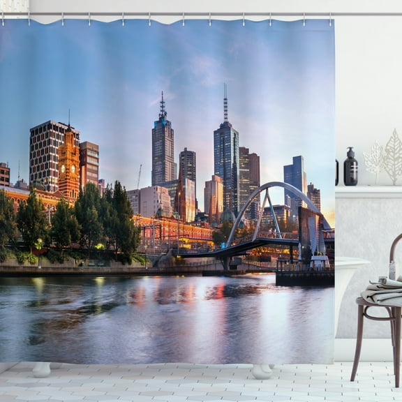 Ambesonne City Shower Curtain, Morning Australia River, 69"Wx84"L, Orange Green Pale Blue