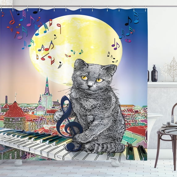 Ambesonne City Shower Curtain, Musical Notes Cat, 69"Wx84"L, Multicolor
