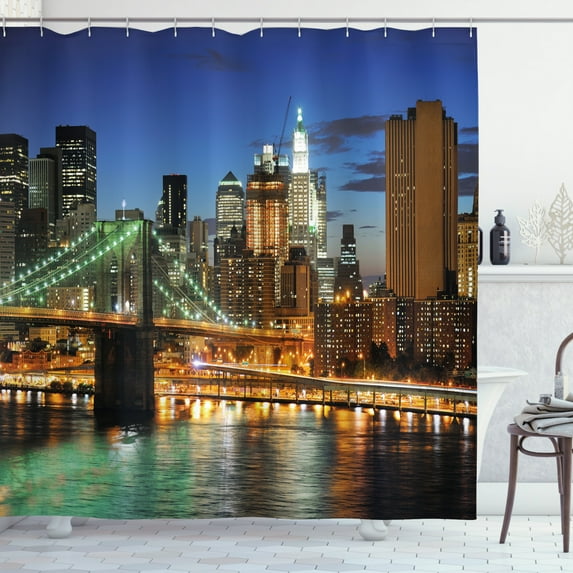 Ambesonne City Shower Curtain, New York at Night Bridge, 69"Wx84"L, Multicolor