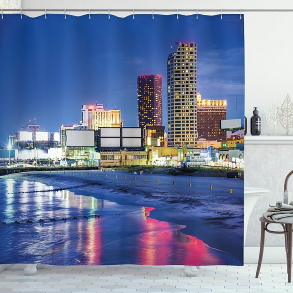 Ambesonne City Shower Curtain, Resort Casinos on Shore, 69"Wx84"L, Violet Blue Pink Yellow