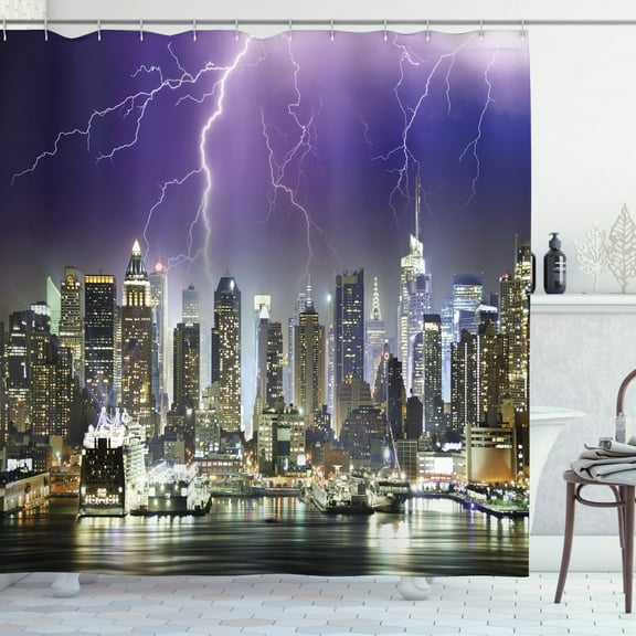 Ambesonne City Shower Curtain, Storm Thunder in New York, 69"Wx70"L, Charcoal Grey Indigo