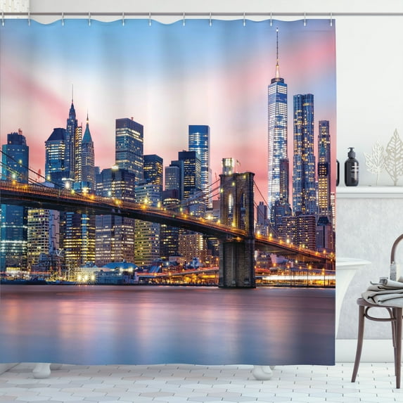 Ambesonne City Shower Curtain, Sunrise in Brooklyn Bridge, 69"Wx75"L, Blue