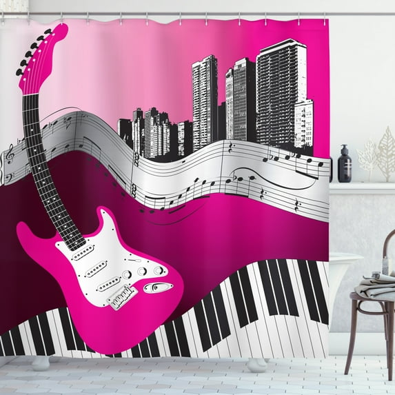 Ambesonne City Shower Curtain, Urban Bass Guitar Rock, 69"Wx75"L, Hot Pink Pale Grey Black
