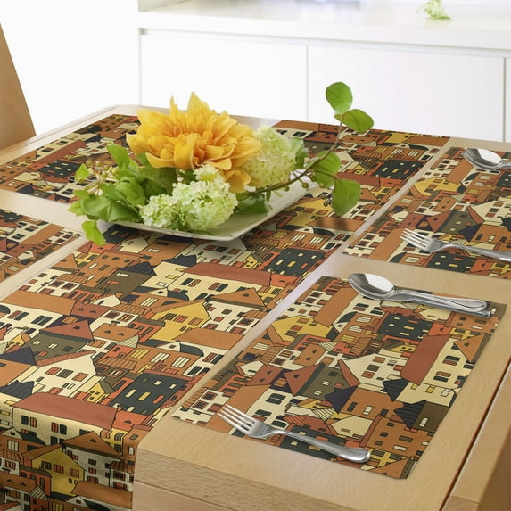 Ambesonne City Table Runner & Placemats, Panoramic Illustration, Placemat 4 pcs + Runner 14"x72", Green Orange Beige