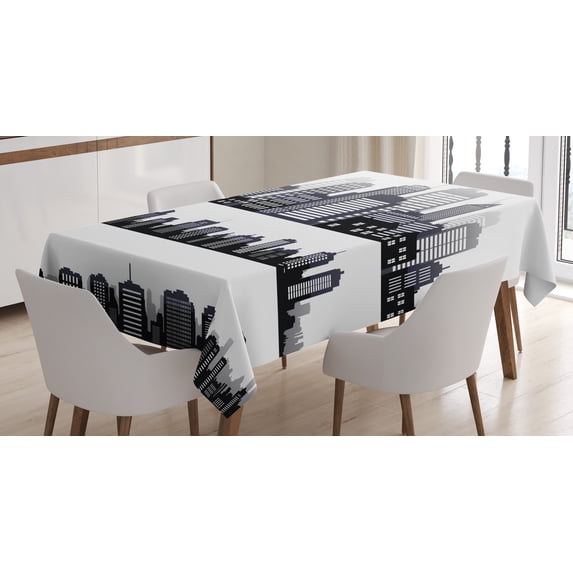 Ambesonne City Tablecloth Rectangular Table Cover, Long Buildings Skyline, 52"x70", Black Grey White