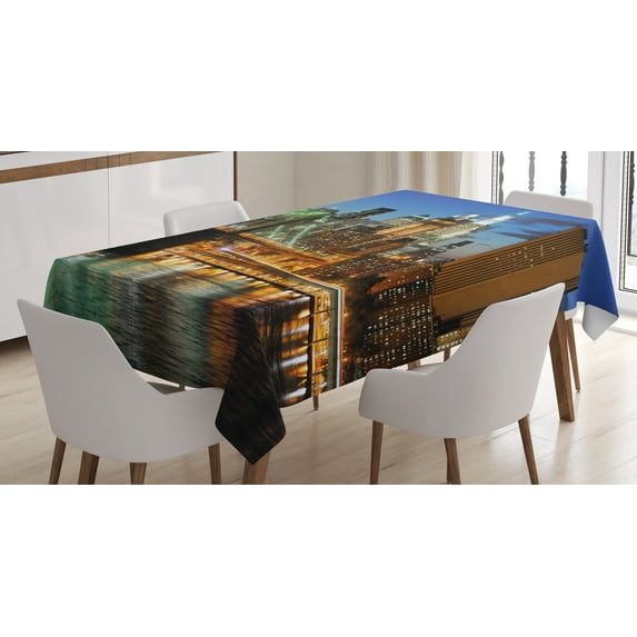 Ambesonne City Tablecloth Rectangular Table Cover, New York at Night Bridge, 60"x84", Multicolor