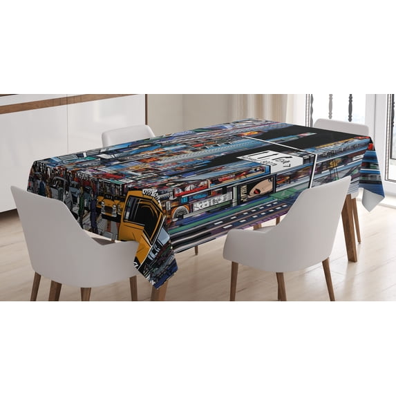 Ambesonne City Tablecloth Rectangular Table Cover, Night Scene New York, 60"x84", Multicolor