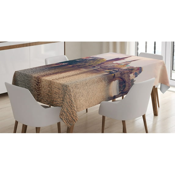 Ambesonne City Tablecloth Rectangular Table Cover, Prague River and Bridge, 60"x90", Multicolor