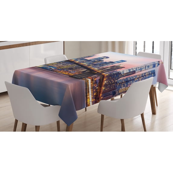Ambesonne City Tablecloth Rectangular Table Cover, Sunrise in Brooklyn Bridge, 60"x90", Blue