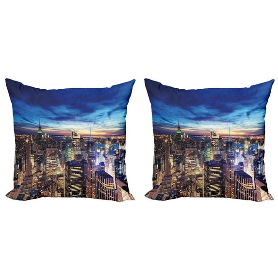 Ambesonne City Throw Pillow Cover 2 Pack, Buildings Midtown at Dusk, 18", Tan Navy Blue Aqua