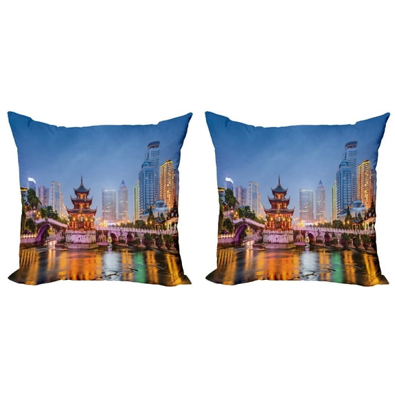 Ambesonne City Throw Pillow Cover 2 Pack, China Cityscape at Dusk Time, 16", Multicolor