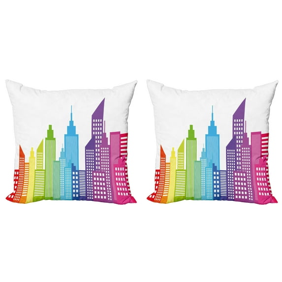 Ambesonne City Throw Pillow Cover 2 Pack, Colorful Skyline Urban, 24", Multicolor