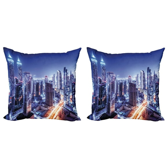 Ambesonne City Throw Pillow Cover 2 Pack, Dubai Downtown Modern UAE, 18", Violet Blue Orange