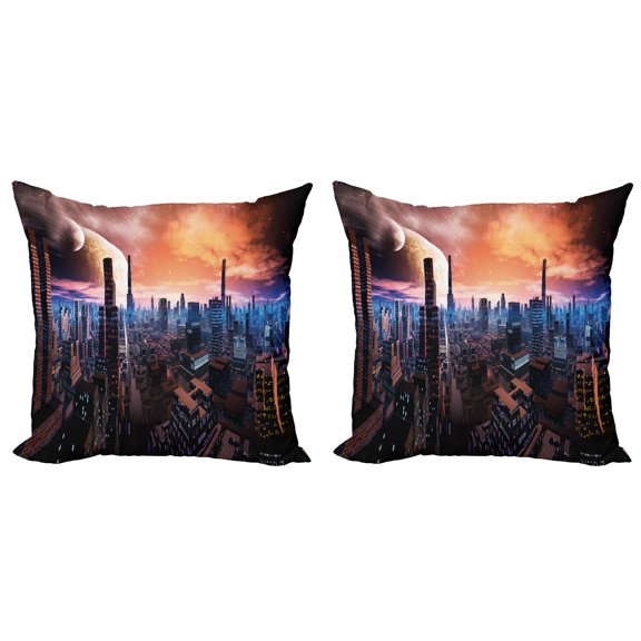 Ambesonne City Throw Pillow Cover 2 Pack, Futuristic Distant World, 18", Orange Blue Cinnamon