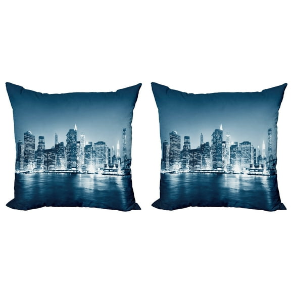 Ambesonne City Throw Pillow Cover 2 Pack, New York America Skyscrapers, 20", Blue Grey Petrol Blue