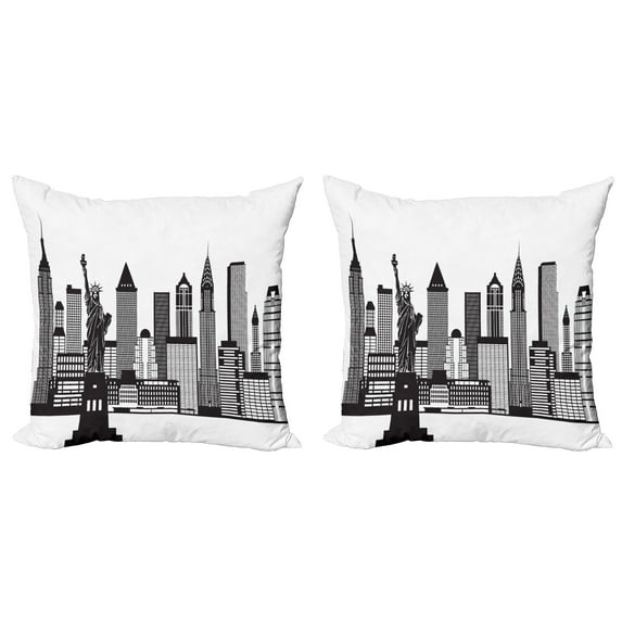 Ambesonne City Throw Pillow Cover 2 Pack, New York Skyline Lady Liberty, 20", Charcoal Grey and White
