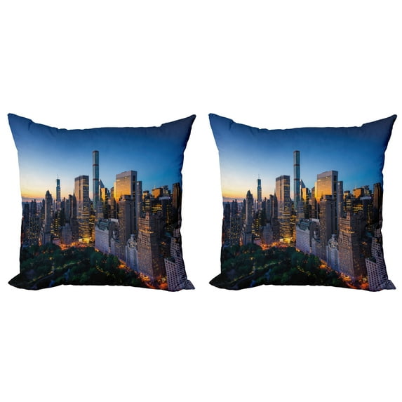 Ambesonne City Throw Pillow Cover 2 Pack, Tranquil Morning Sunrise, 16", Blue Marigold Dark Green