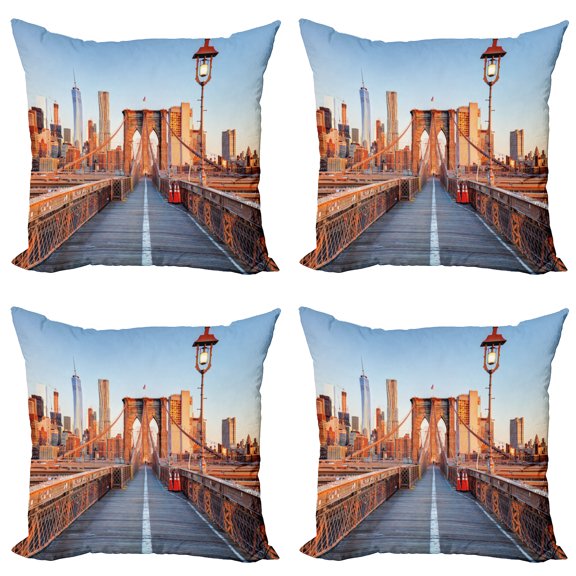 Ambesonne City Throw Pillow Cover 4 Pack, Brooklyn Bridge Manhattan, 20", Orange Pale Blue Grey